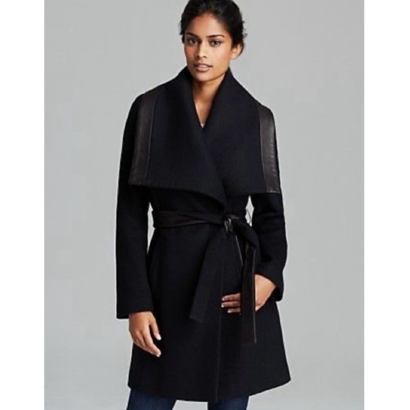 Elie Tahari Double Face Long Wool Genuine Lamb Leather Trim Tie Front Wrap Coat - Picture 1 of 7
